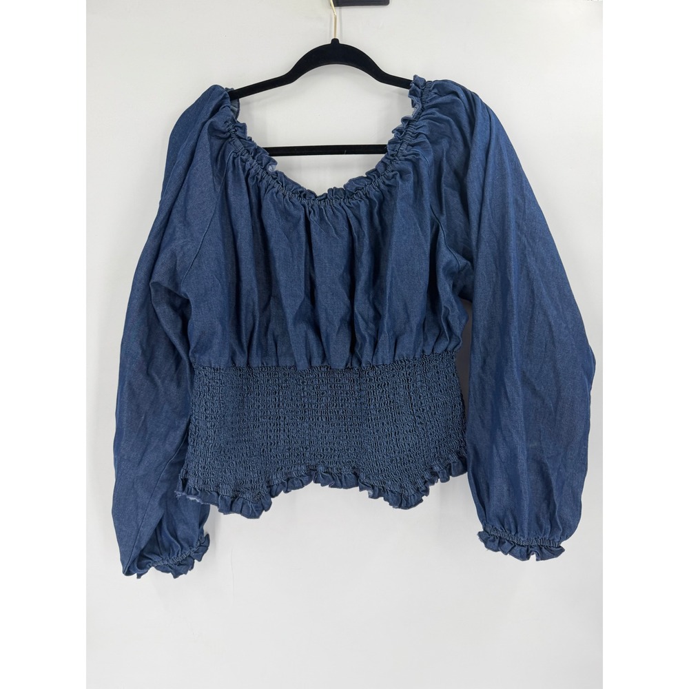 NWT Kimchi Blue Marley Denim Top Womens XL Blue Bow Smocked Coquette Cottagecore - Picture 4 of 10